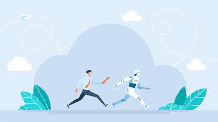 A man passing a relay baton to a robot. Cooperation between a robot and a person. Artificial intelligence. Running businessman passes a baton to robot humanoid relay race. Vector illustration