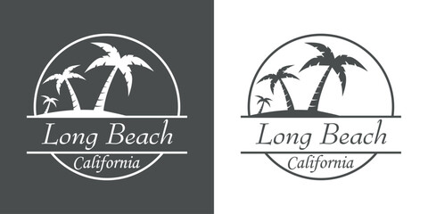 Destino de vacaciones. Logo aislado con texto manuscrito Long Beach California con silueta de playa con la palma en círculo lineal