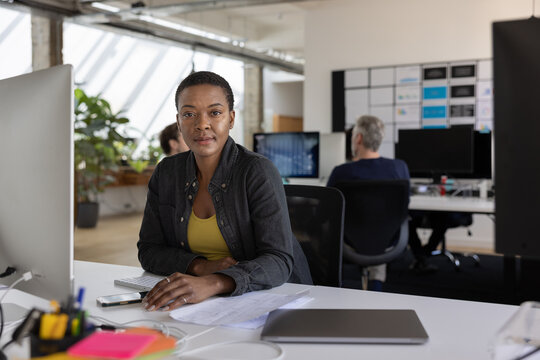 Portrait of young African American businesswoman working at a desktop computer in an office