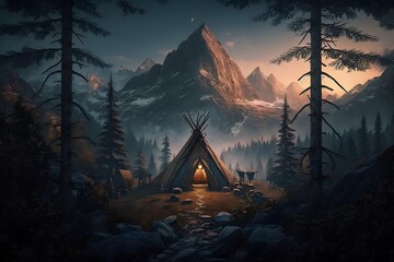 tent in the mountains created using AI Generative Technology