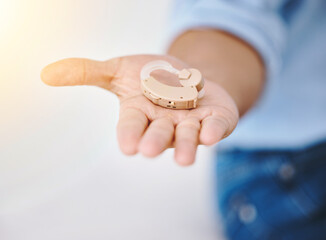 Hearing aid, hands and person with disability for medical support, wellness and healthcare...