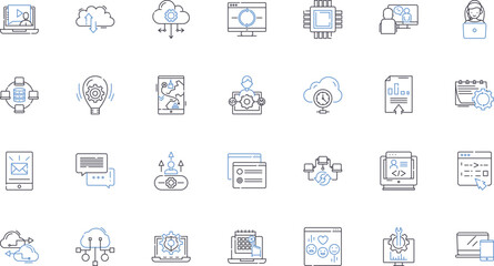 Computerized systems line icons collection. Automation, Digitalization, Integration, Blockchain, Robotics, Augmentation, Cybersecurity vector and linear illustration. Interconnectivity,Artificial