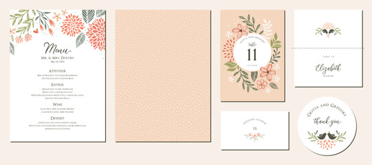 Menu, table number and name place card design. Floral wedding templates. In warm colors perfect for an autumn or summer wedding and birthday invitations, and baby shower. 