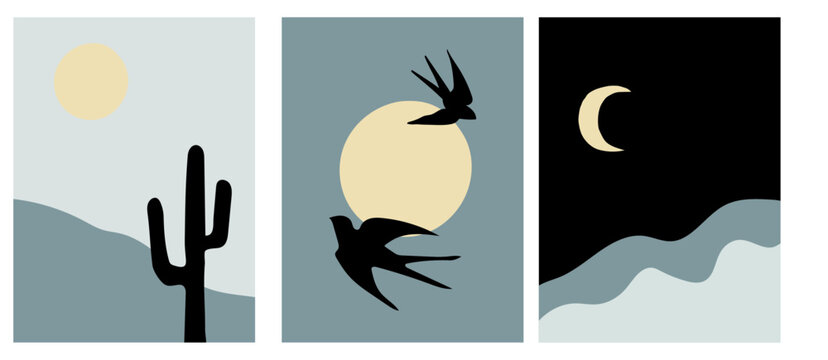 collection of modern minimalist simple abstract landscapes in boho style: mountains and sun, moon and flying birds in the sky. On a blue background
