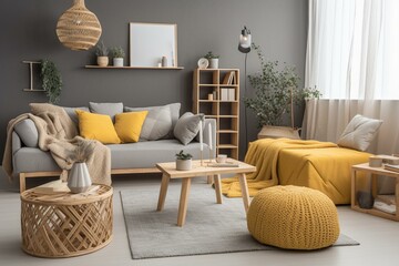 Gray sofa, wooden cube, commode, pillow, macrame, yellow pouf, rattan lamp, basket, plants, and attractive accessories are featured in this stylish and modern living room. Elegant. Generative AI