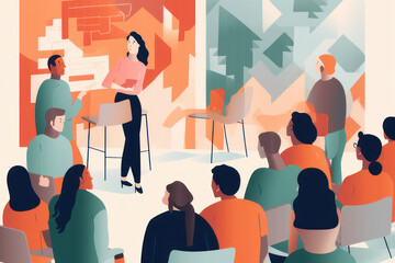 illustration of people attending a lecture, community event, paid event, where they are sitting down, learning, listening using generative Ai technology