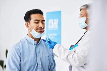Doctor, patient and covid test, healthcare and virus with medical consultation at hospital and health insurance. Cotton swab in nose, mask and PCR at clinic, man and woman physician check for corona