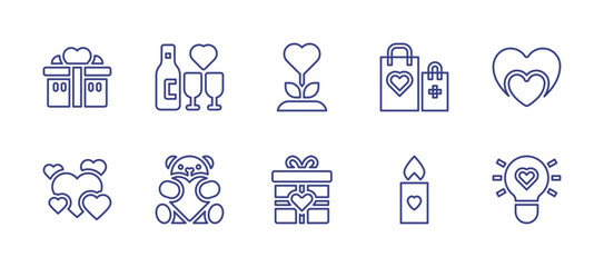 Valentine day line icon set. Editable stroke. Vector illustration. Containing gift, romantic dinner, flower, gift bag, heart, teddy bear, candle light, light bulb.