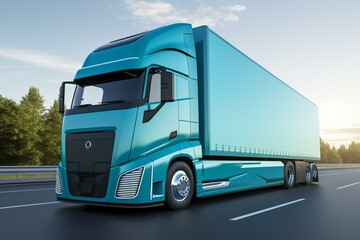 A hydrogen fuel cell semi truck with H2 gas cylinder onboard. Eco-friendly commercial vehicle concept. Generative AI
