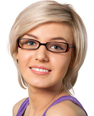 Fototapeta premium Close up portrait of a beautiful woman in glasses looking at camera on a white background