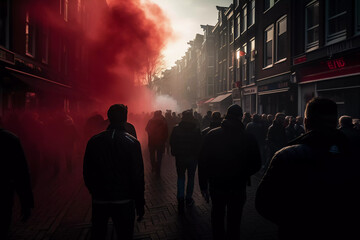 Fototapeta na wymiar Ultras Hooligans Football Fans Mob masked and black dressed burning some pyrotechnics