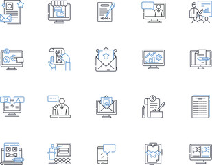 Affiliate promotion line icons collection. Commission, Referral, Marketing, Partnerships, Revenue, Earnings, Sales vector and linear illustration. Commissions,Advertising,Influence outline signs set