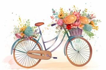 Fototapeta na wymiar a painting of a bicycle with a basket full of flowers on the back of it, surrounded by eggs and flowers on the front of it. generative ai