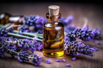 Essential Aromatic oil  in brown bottle  and fresh bouquet of   lavender blooming flowers, natural remedies, aromatherapy, naturopathy concepts - obrazy, fototapety, plakaty