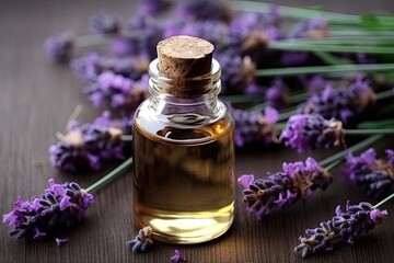 Obraz na płótnie Canvas Essential Aromatic oil and lavender flowers,atural remedies, aromatherapy.,ai generative
