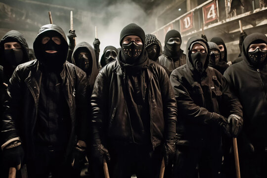Ultras Hooligan Vandalin front of a riot in the streets. Masked and black dressed