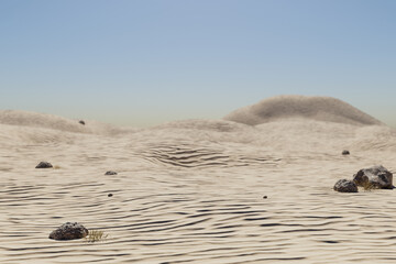 large desert environment with sand dunes, hills and rocks laying arround; climate change heat concept; 3D Illustration