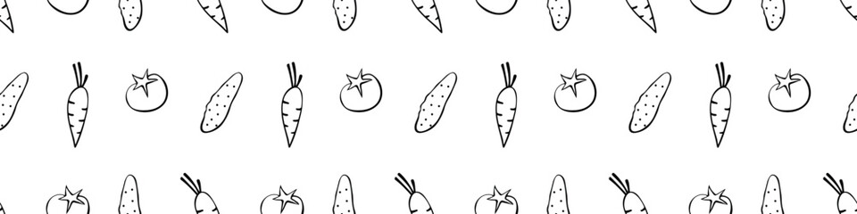Seamless pattern with fresh vegetables - cucumbers, tomatoes, carrots. Black outline on white background. Hand drawn vector doodle illustration. Concept of cooking background, texture, backdrop