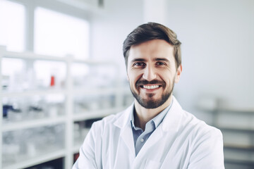 Obraz premium Portrait of a smiling man, doctor or pharmacist standing in a white coat against the background of a pharmacy or doctor's office. Medical services concept. Generative ai