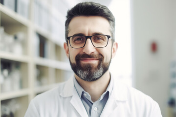 Portrait of a smiling man, doctor or pharmacist standing in a white coat against the background of a pharmacy or doctor's office. Medical services concept. Generative ai