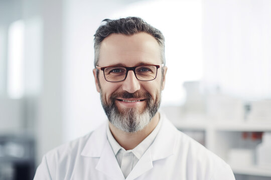 Portrait of a smiling man, doctor or pharmacist standing in a white coat against the background of a pharmacy or doctor's office. Medical services concept. Generative ai