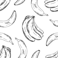 Seamless pattern with bananas, black and white pattern with hatching
