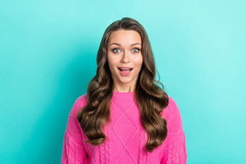 Fototapeta premium Portrait of positive ecstatic girl curly hairstyle wear purple pullover astonish staring at discount isolated on teal color background