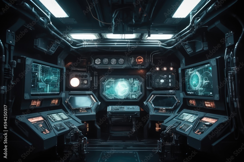 Wall mural dark sci-fi spaceship interior with button, monitor and display design. generative ai