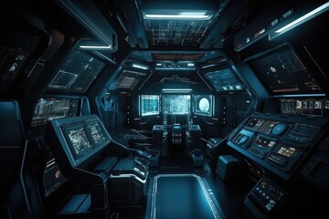 Dark sci-fi spaceship interior with button, monitor and display design. Generative Ai