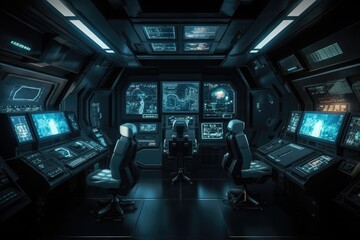Obraz premium Dark sci-fi spaceship interior with button, monitor and display design. Generative Ai