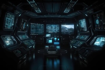 Dark sci-fi spaceship interior with button, monitor and display design. Generative Ai