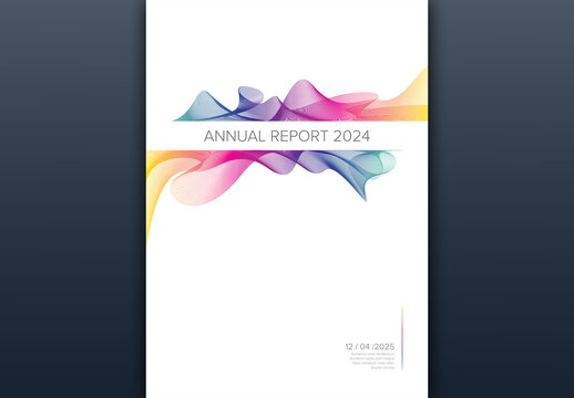 White annual report front cover page template with rainbow curved elements with title