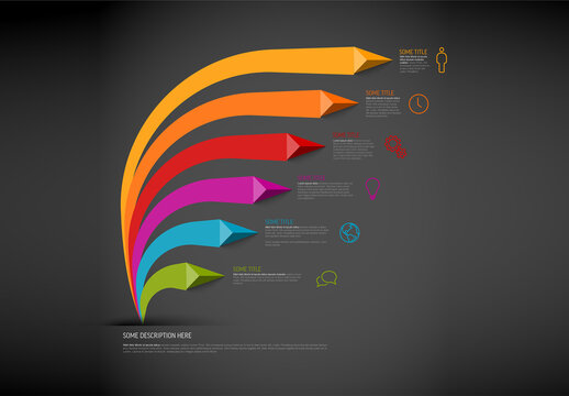 Simple dark infographic with title and six smaller element option items with big thick arrows