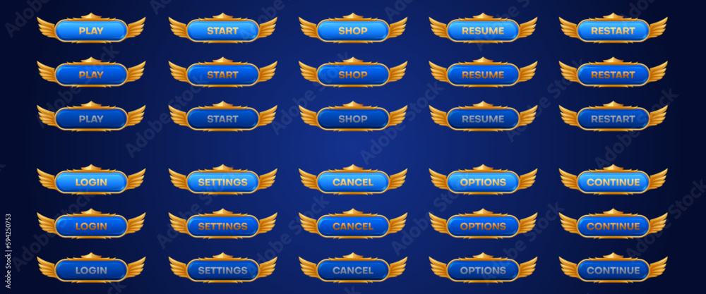Poster medieval game button animation sprite with crown cartoon vector set. 2d gold mobile popup click acti