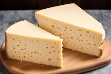 Cheese collection, variety of cheeses with tomatoes on wooden background. Generative AI