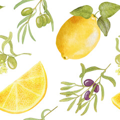 Watercolor Lemon Olive pattern. Seamless pattern with Lemons and Olive Branches. Hand drawn lemon slice illustration.