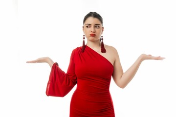 Confused attractive female in red dress posing on white background