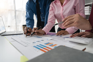 Intelligence analysis concept, group of business people brainstorm discussing current finance and economy on company investment laptop at meeting