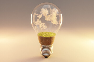 single lightbulb with green soil and clouds; renewable clean energy concept; 3D Illustration