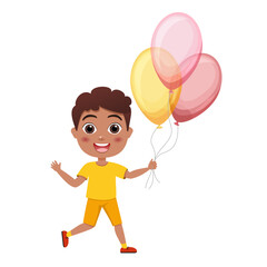 kids, little boy jump with colorful balloons on white background, cartoon illustration, vector. Birthday.Cute children having fun on birthday party. happy kids greeting card celebrate birthday vector