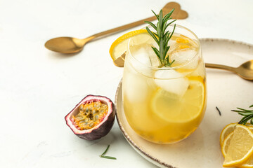 passion fruit drink, Tropical drink for summer party. on a light background, refreshing drink or beverage with ice, place for text