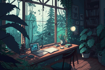 Mellow Indoor Setting Cluttered Workspace Window Panorama of a Woodland Rainforest Anime Manga Aesthetic Vibrant Relaxational Study Nook Comfy Tranquil Ambiance Lo-fi Beats and Ambient Lighting