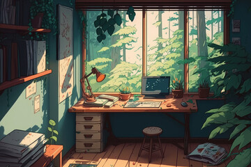 Mellow Indoor Setting Cluttered Workspace Window Panorama of a Woodland Rainforest Anime Manga Aesthetic Vibrant Relaxational Study Nook Comfy Tranquil Ambiance Lo-fi Beats and Ambient Lighting