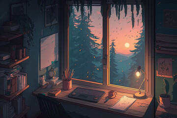 Mellow Indoor Setting Cluttered Workspace Window Panorama of a Woodland Rainforest Anime Manga Aesthetic Vibrant Relaxational Study Nook Comfy Tranquil Ambiance Lo-fi Beats and Ambient Lighting