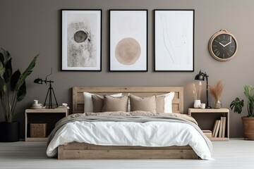 Isolated art frames in bedroom. Bed, nightstand, lamp, plant, clock. Generative AI