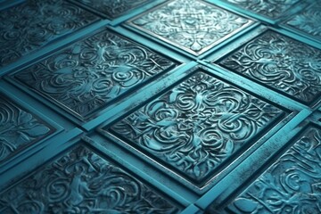 Blue Patina, Textured Wall background with tiles. Arabesque, tile Wallpaper with 3D, Polished blocks. 3D Render. Generative AI