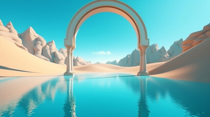 Abstract fantastic background. Desert landscape with sand water and mirror arches under the clear blue sky. Generative AI. - obrazy, fototapety, plakaty