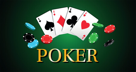 casinò, carte da poker con fiche sparse sul tappeto verde, concetto gioco d'azzardo, croupier