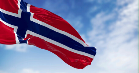 Norway national flag waving in the wind on a clear day