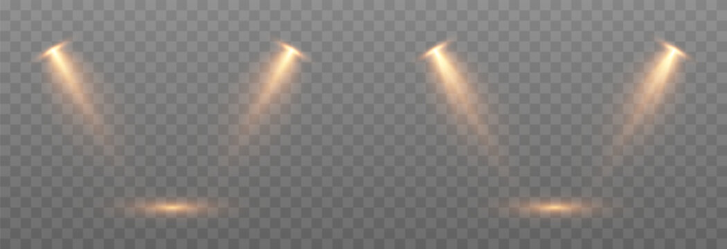 Vector set of light source png. Studio lighting png. Yellow light source png. Light from a lamp or spotlight. light effect.